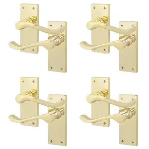 AFIT Polished Brass Victorian Scroll Door Handles - 4 Pairs of Brass Internal Lever Latch Handles on Backplate