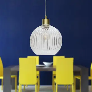 First Choice Lighting Betchley Clear Ribbed Glass Globe with Satin Brass Pendant Fitting