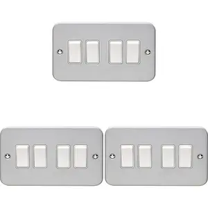 3 PACK 4 Gang Quad Light Switch 2 Way 10A HEAVY DUTY METAL CLAD - White Rocker