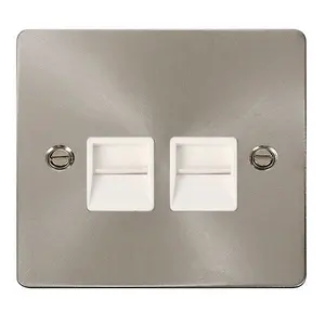 Flat Plate Satin / Brushed Chrome Secondary Telephone Twin Socket - White Trim - SE Home