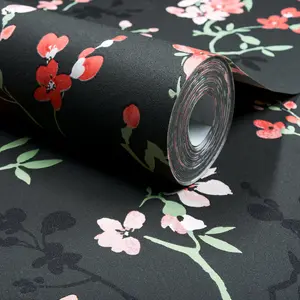 Grandeco Jasmin Floral Cherry Blossom Trail Blown Vinyl Wallpaper, Black