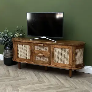 Elm Home And Garden Soild Mango Wood Rattan Oval Tv Media Unit Doors Dark Oak Finish 140cm Wide Assembled