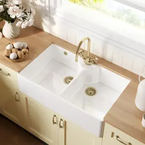 895mm - Fireclay 2 Bowl Stepped Weir Butler Kitchen Sink -  Tap Ledge & Overflow