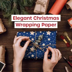 15m Eco Kraft Wrapping Paper Roll - Recyclable Brown Christmas Gift Wrap with Blue Star Design, 43cm Wide, Includes Twine