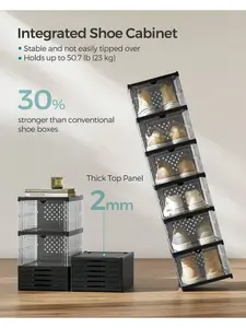 SONGMICS Shoe Boxes, Pack Of 12 Stackable Shoe Storage Organiser, Set Of 2 Integraed Shoe Cabinets, Foldable And Portable