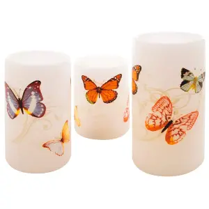 3 x Butterfly Design Real Wax LED Pillar Candles - Battery Powered Flickering Light Home Decoration - One of Each 10, 12.5 & 15cm