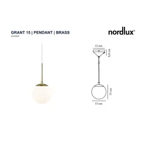 Nordlux Grant 15 Indoor Living Dining Glass Pendant Ceiling Light in Brass (Diam) 15cm