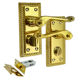 Door Handles Polished Brass Georgian Suite Privacy WC Bathroom Pack with Latch