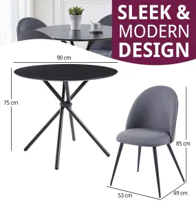 Hallowood Furniture Cullompton Small Round Black Dining Table 90cm with 4 Curved-back Grey Fabric Chairs