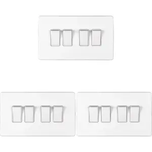 3 PACK 4 Gang Quad Light Switch SCREWLESS MATT WHITE 2 Way 10A Slim Rocker