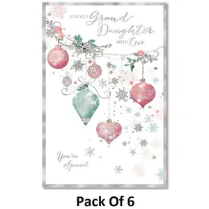 Simon Elvin Grand Daughter Bauble Christmas Card (Pack of 6) White/Red/Green (One Size)