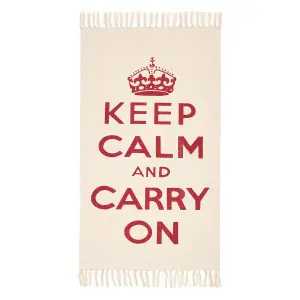 Homescapes Keep Calm And Carry On Red White Rug Hand Woven Base, 60 x 100 cm