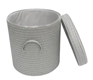 Strong Woven Round Lidded Laundry Storage Basket Bin Lined PVC Handle Light Grey,Extra Large 40 x 43 cm