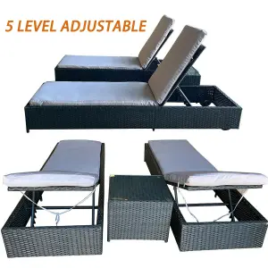 Patio Rattan Sun Lounger Chaise Garden Pool Wicker Recliner 3PCS Recliner Set with Glass Coffee Table  - Black with Gray Cushion