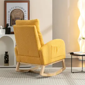 Mid Century Modern Teddy Fabric Upholstered Rocking Chair Padded Seat For Living Room Bedroom, Yellow