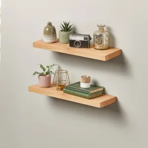 Off the Grain Oak Floating Shelf made From Solid Oak - 60cm (L) Wall Mounted Rustic Wooden Shelves - Pack of 2