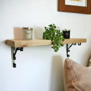 Solid Wood Handmade Rustical Shelf Primed 175mm 7 inch with Black Metal Bracket WO Length of 130cm