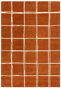 Rust Chequered Wool Modern Shaggy Handmade Rug For Living Room Bedroom & Dining Room-120cm X 170cm