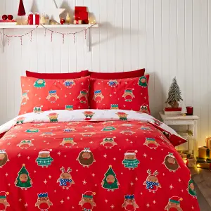 Catherine Lansfield Christmas Party Robins Reversible King Duvet Cover Set with Pillowcases Grey