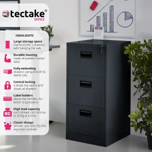 Filing Cabinet - 3 drawers with hanging files, lockable, 62.4 x 46 x 102.8 cm - black