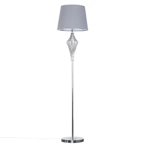 ValueLights Jaspa Polished Chrome Metal Wire Geometric Diamond Design Floor Lamp with Grey Shade