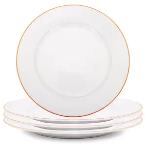 Set of 4 Durable White Ceramic Dinner Plates with Elegant Orange Rim