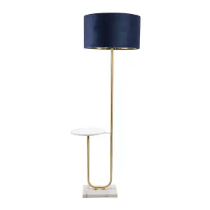 ValueLights Tavel Gold Floor Lamp with Table and Navy Blue Velvet with Gold Inner Lamp Shade and LED Bulb