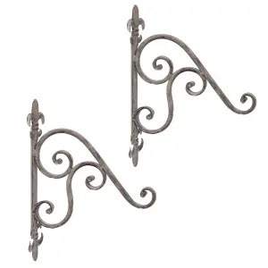 Set of 2 Vintage Style Fleur de Lys Ornate Scrolled Wall Bracket Outdoor Basket Hanger Garden Hanging Basket Brackets