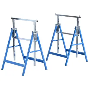 HOMCOM Set Of 2 Steel Saw Horses Telescopic Builders Work Bench Folding Blue