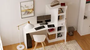 ELISE White Storage Desk With Attached Bookcase