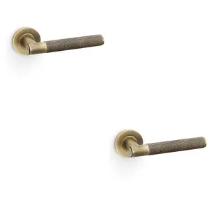 2 PACK - SOLID BRASS Knurled Door Handle Set - Antique Brass Straight Lever on Round Rose