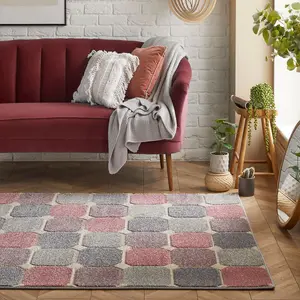 Modern Easy to Clean Chequered Geometric Pink Rug for Dining Room-200cm X 285cm