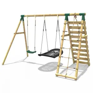 Rebo Wooden Swing Set with Up and Over Climbing Wall - Sage Green