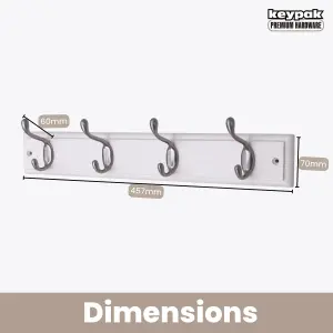 keypak 4-Hook Wall-Mounted Coat Rack, 45cm - White Wooden Board, Satin Nickel Coat Hooks - Fixings Included