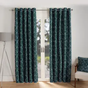 Geometric Eyelet Blackout Curtains Ready Made Pair of Ring Top, Teal - 66X72"