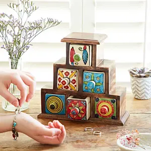 Hand Painted Multicoloured Ceramic 6 Drawer Pyramid Chest