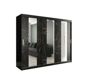 Elegant Black Geneva Sliding Door Wardrobe W2500mm H2000mm D620mm - Mirrored Doors, Gold Handles, Grand Storage