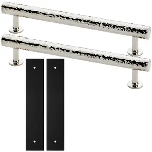 2 PACK - Pull Handle & Contrasting Backplate Set - Hammered Round T Bar - Polished Nickel & Black