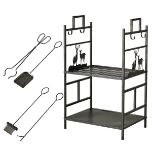 Outsunny 2-Tier Wrought Iron Firewood Holder w/ 4 Tools Handles Heavy Duty Rack