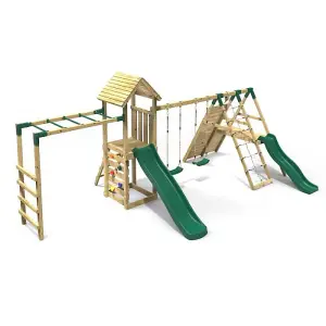 Rebo Wooden Climbing Frame with Swings, 2 Slides, Up & over Climbing wall and Monkey Bars - Pennine