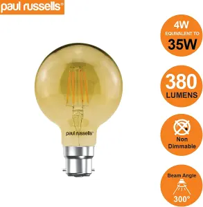 paul russells LED Filament G80 Bulb, 4W 380 Lumens, 35w Equivalent, 2200K Amber, Pack of 3