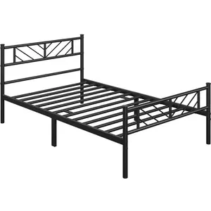 Minimalist Metal Slatted Bed Platform with Arrow Design Headboard Black / Single (3')