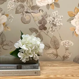 Belgravia Bramble Floral Beige Wallpaper Birds Leaves Flowers Feature Wall