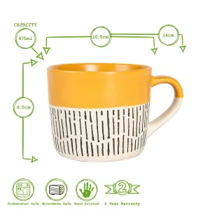 Nicola Spring - Dipped Dash Stoneware Coffee Mug - 450ml - Yellow