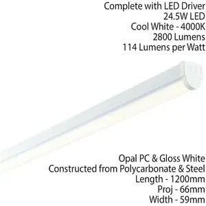 4ft SINGLE 24W Cool White LED Linear Ceiling Strip Light Slim Batten Lamp 2800Lm