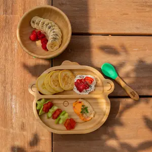 Tiny Dining - Monkey Bamboo Suction Baby Feeding Set - Grey - 4pc