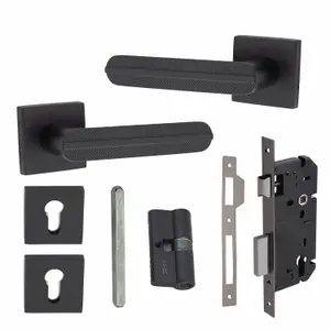 1 Pair Modern Lima Euro Lock Door Handles, 70mm Key & Key Barrell Matt Black Finish and Ball Bearing HInges - Golden Grace