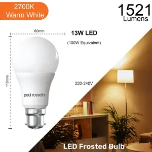 paul russells LED Bayonet Cap B22, 100w Equivalent, 13W 1521LM, 2700K Warm White, BC GLS Light Bulbs