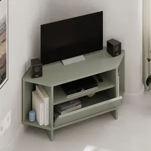 Decortie Modern Viva Corner TV Unit Shelf up to 40 Inch TVs Push to Open Storage Cabinet, 3 Open Shelf 95.7(W)cm Ash Green