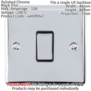 2 PACK 1 Gang Single Metal Light Switch POLISHED CHROME 2 Way 10A Black Trim